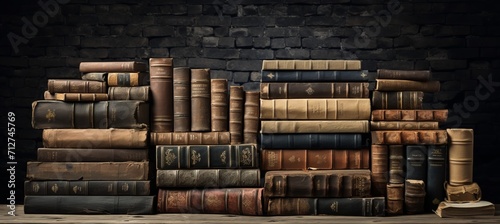 Historical library wall stacked with ancient books and manuscripts, holding centuries of knowledge.