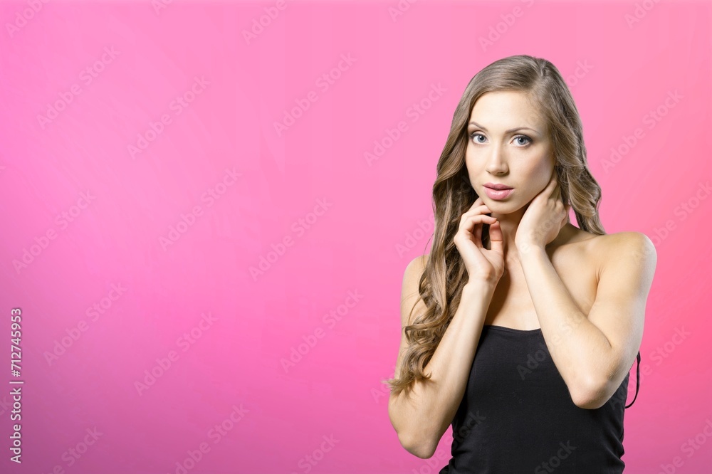 Photo of nice lady posing on bright pink background