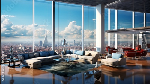 A sleek, glass-walled penthouse atop a skyscraper, offering breathtaking views of the cityscape below -Generative Ai