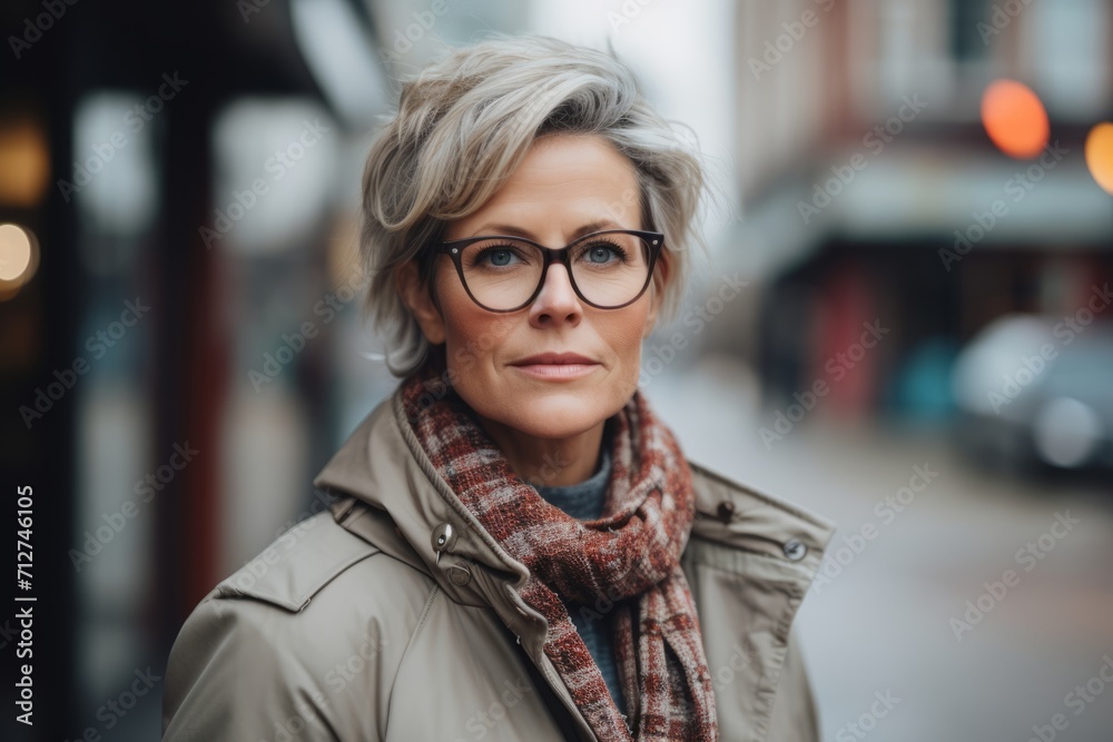 Portrait of a beautiful middle-aged woman with short wavy hair and glasses in the city Portrait of a beautiful middle-aged woman with short wavy hair and glasses in the city