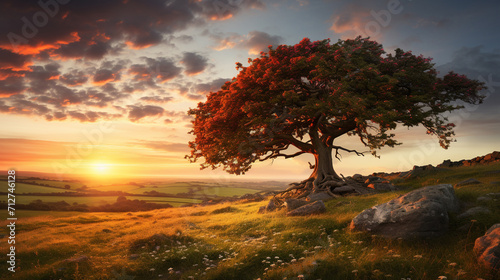 Sycamore Tree in Summer Field at Sunset   Generate AI