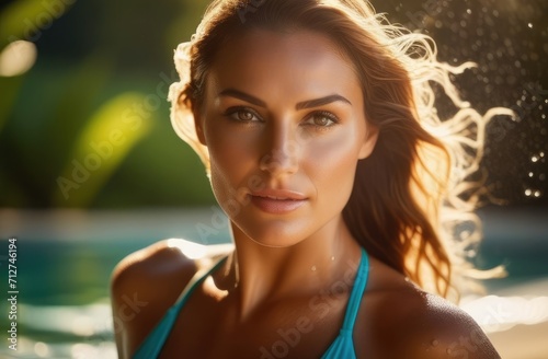 summertime leisure, sunbathing, vacation. closeup portrait of sexy Caucasian woman in pool in bikini