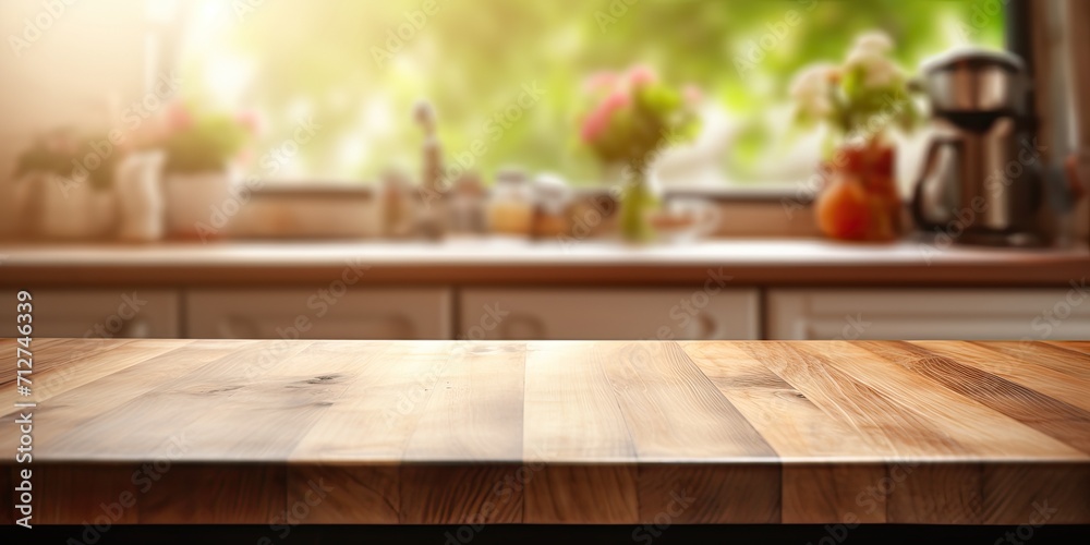 Blurred kitchen background with a natural country cottage style, featuring a wooden counter on a table top. - obrazy, fototapety, plakaty 