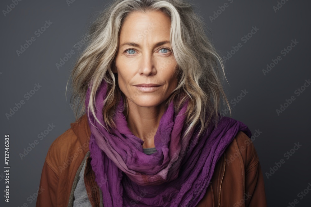 Portrait of a beautiful middle aged woman in a warm scarf. Portrait of a beautiful middle aged woman in a warm scarf.
