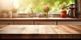 Blurred kitchen background with a natural country cottage style, featuring a wooden counter on a table top.