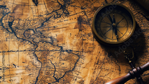 Vintage World map and old compass on wooden table, top view of paper and instrument. Background for journey theme. Concept of antique, history, discovery, retro, travel, treasure
