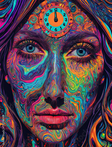 Psychedelic Trip - Close-up illustration of a woman's face experiencing a mind-bending mescaline journey with vibrant visual distortions Gen AI
