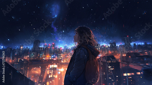 街の中で夜空を見上げる女性のイラスト photo