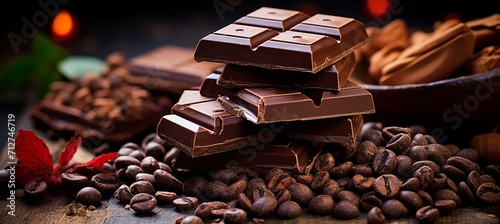 Scattered dark chocolate pieces and cocoa beans on culinary background for food photography