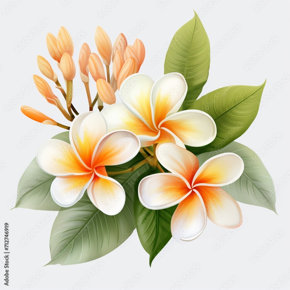 Naklejka premium Beautiful white with orange plumeria flowers white background