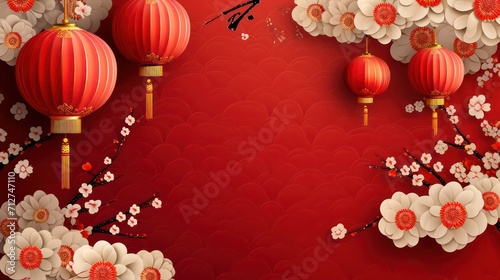 Happy Chinese new year background . Year of the dragon design wallpaper with Chinese pattern, gold hanging lantern. Modern luxury oriental illustration for cover, banner, website, decor.
