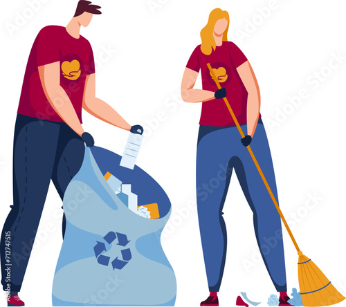 Two people cleaning, man putting trash into recycle bin, woman sweeping floor. Volunteers picking litter, promote recycling and cleanliness vector illustration.