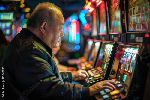 Man Playing Slot Machine in Casino photo