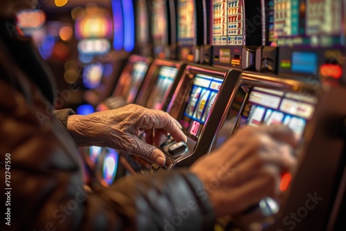 Man Playing Slot Machine in Casino photo