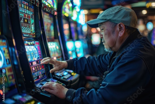 Man Playing Slot Machine in Casino