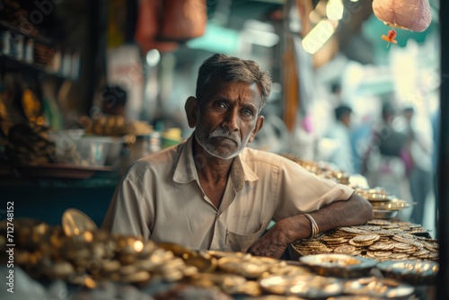 Man Standing in Front of Counter Filled With Gold Coins