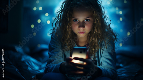 teenage girl hurt her eyes because she played the smart phone in the dark light and the blue light has a negative effect on the child's eyes. generate AI