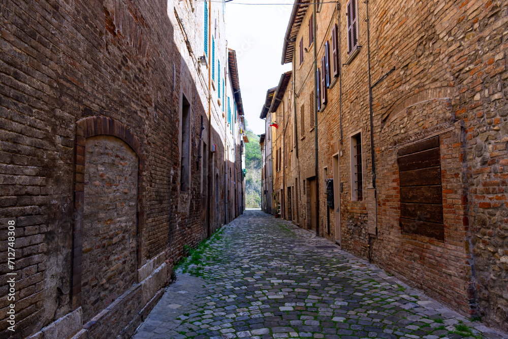 Vertical perspective of narrow medieval cobbled street in middle Italy