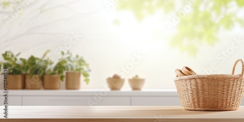 Kitchen design mock-up with wicker basket on wooden table and modern background. photo