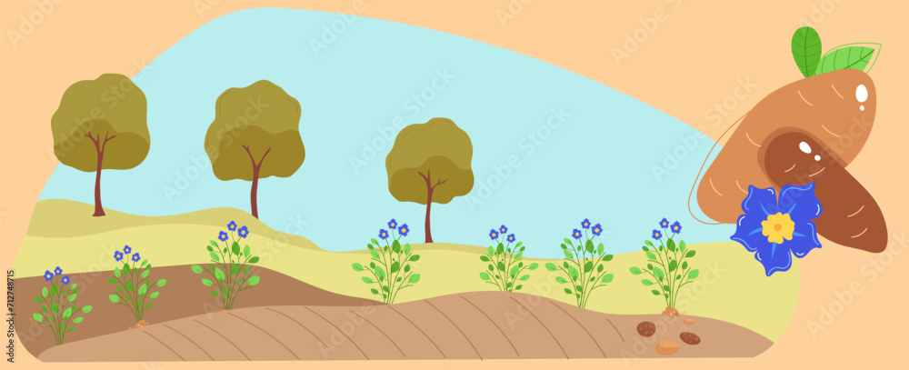 Farming cultivated plot, farmland countryside nature, agronomy hill harvest, design, in cartoon style vector illustration. Harvest growth unconstrained, rural meadow landscape, farmer field work.