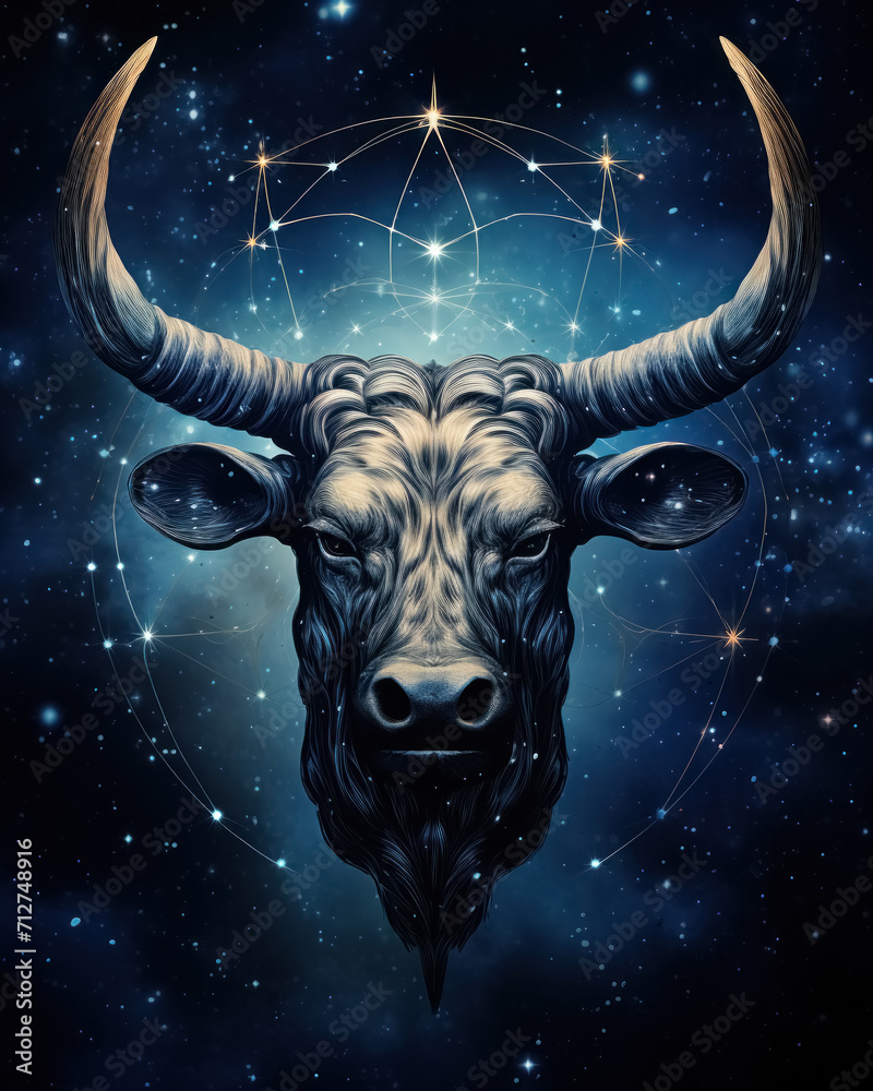 Head of bull constellation on background of blue cosmic galactic nebula surrounded by stars, zodiac sign Taurus of eastern calendar Head of bull constellation on background of blue cosmic galactic nebula surrounded by stars, zodiac sign Taurus of eastern calendar