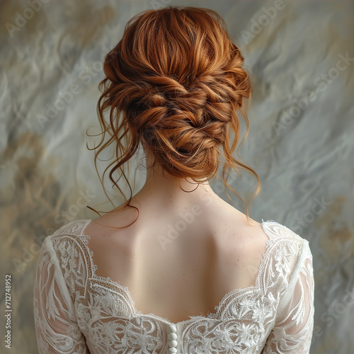Portrait of a woman with red hair with a formal hairstyle and wedding dress