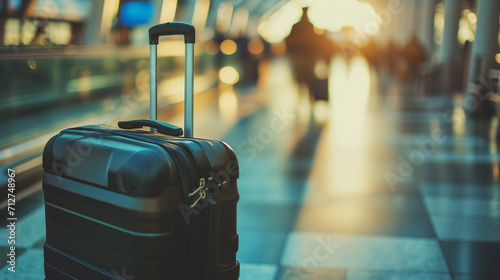 A black suitcase against a background of blurry people at the airport.