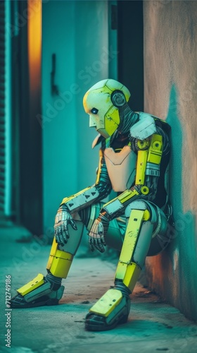 A sad robot in an alley.