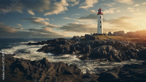 Photographie A solitary lighthouse standing tall against a backdrop of rolling waves and dram