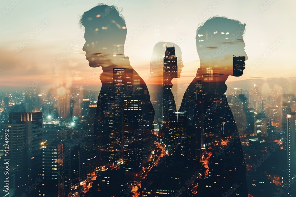 Creative city skyline with businesspeople silhouettes on light backdrop. Teamwork, partnership and success concept. Toned image. Double exposure - obrazy, fototapety, plakaty 