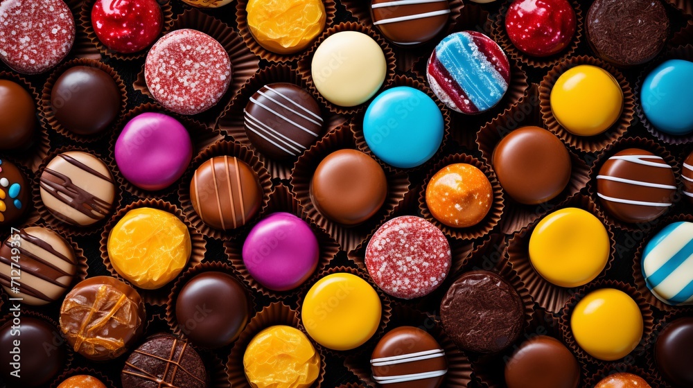 Mouthwatering assortment of chocolate candies in captivating top view arrangement Mouthwatering assortment of chocolate candies in captivating top view arrangement
