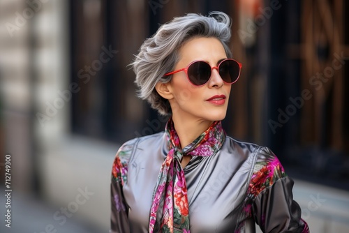 Fashionable middle-aged woman in sunglasses on the street.