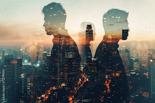 Creative city skyline with businesspeople silhouettes on light backdrop. Teamwork, partnership and success concept. Toned image. Double exposure photo