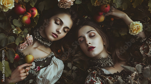 Two women embrace serenity as they rest among blooming roses and luscious fruits, their closed eyes exuding a sense of peace and their portraits reflecting a fashionable elegance photo