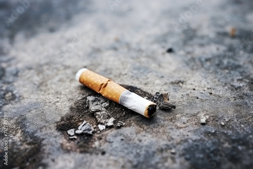 Cigarette butt on the floor. World No Tobacco Day. Healthcare and medical concept.