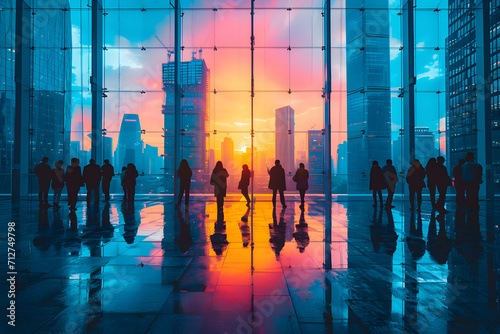 business successful people double exposure with highrise modern city office building business people standing together success agreement and working together photo