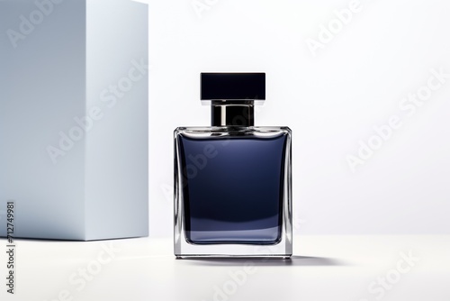 glass dark blue bottle with black cap for toilet water, men's perfume, branding, space for text