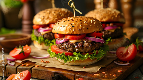 A mouthwatering array of american fast food favorites, including juicy burgers, breakfast sandwiches, and veggie-packed cemitas, are proudly displayed on a rustic wooden table, tempting taste buds an