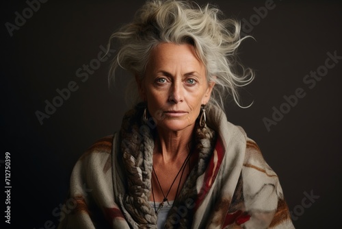 Portrait of a beautiful senior woman in a plaid on a dark background