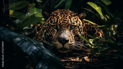 A stealthy jaguar prowling through thick vegetation  its spotted coat blending with the shadows -Generative Ai