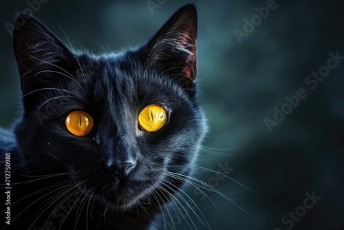 A close-up of a black cat with glowing yellow eyes against a dark background