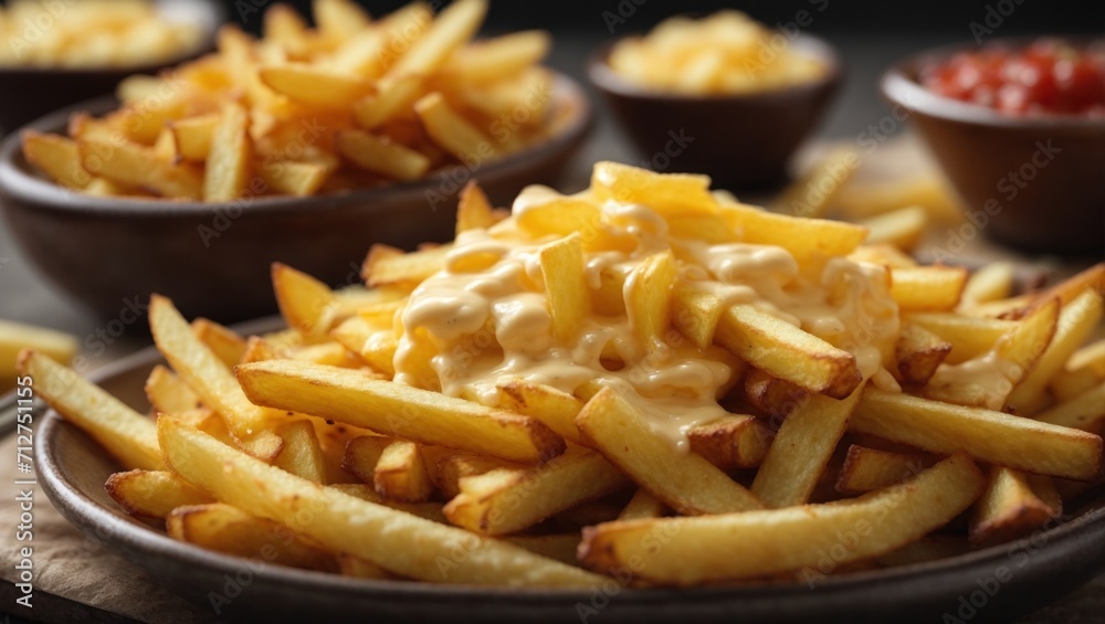 French fries with cheese, close-up view. American fast food French fries with cheese, close-up view. American fast food