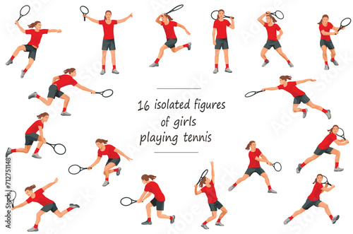 16 figures of a women s tennis player in red T-shirt in motion  standing  running  rushing  jumping  serving the ball  receiving the ball