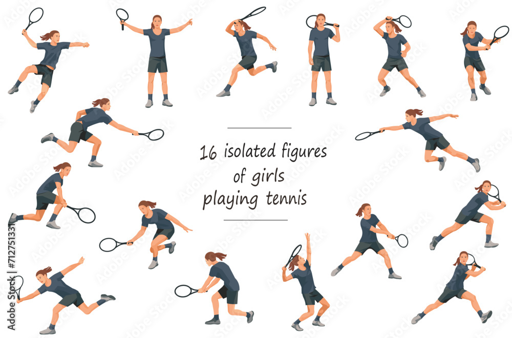 16 figures of girls tennis players in black T-shirts serving, receiving, hitting the ball, standing, jumping and running