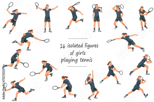 16 figures of girls tennis players in black T-shirts serving  receiving  hitting the ball  standing  jumping and running