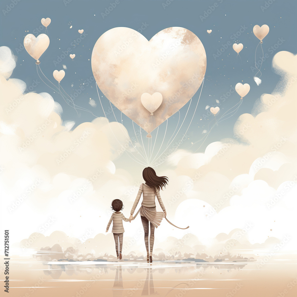 mothers day love, mother child love poster or card illustrations
