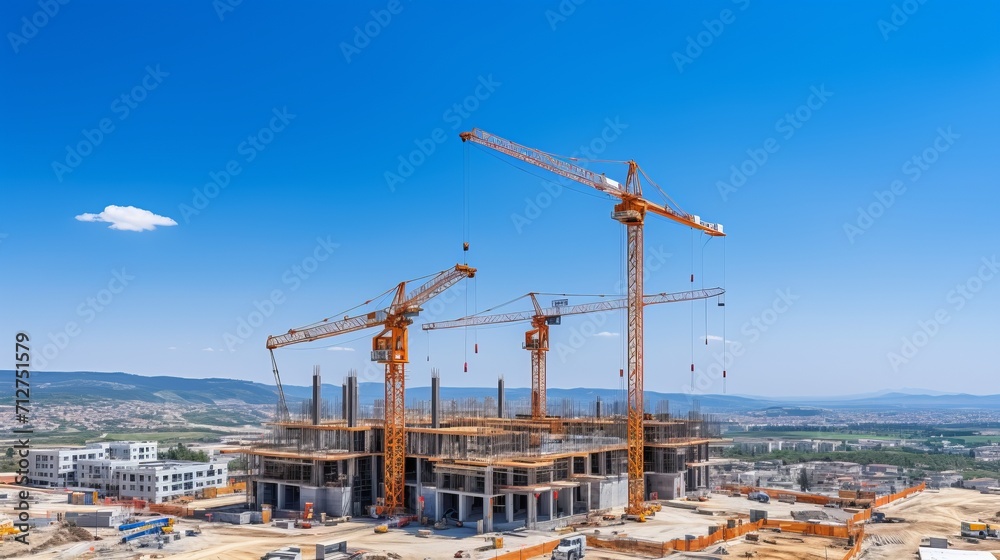 Factory construction site with crane and building under blue sky, industrial development process