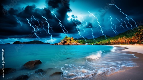 A striking contrast of dark storm clouds against a vibrant turquoise sea, hinting at the power of nature's elements -Generative Ai