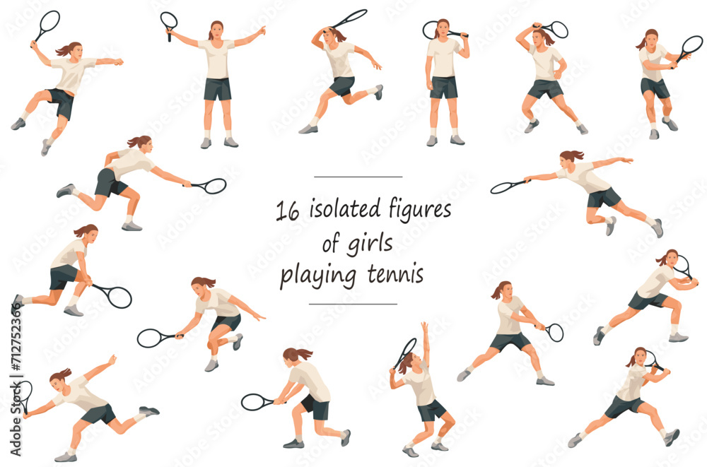 16 isolated girls' figures of tennis players in white sportswear standing, running, rushing, jumping, hitting, serving, receiving the ball 16 isolated girls' figures of tennis players in white sportswear standing, running, rushing, jumping, hitting, serving, receiving the ball