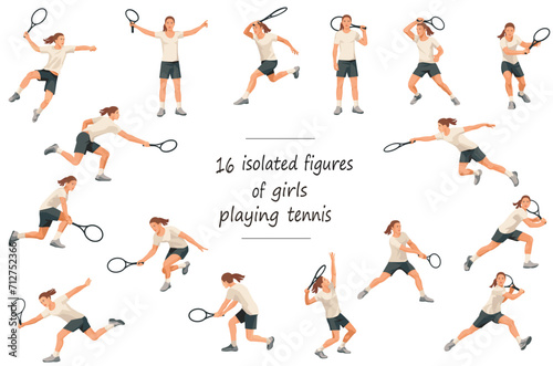 16 isolated girls' figures of tennis players in white sportswear standing, running, rushing, jumping, hitting, serving, receiving the ball